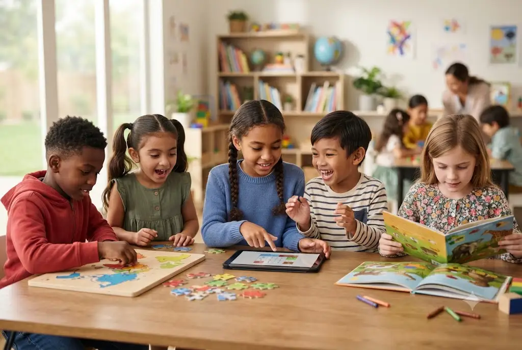 children playing educational games for kids with puzzles and tablets