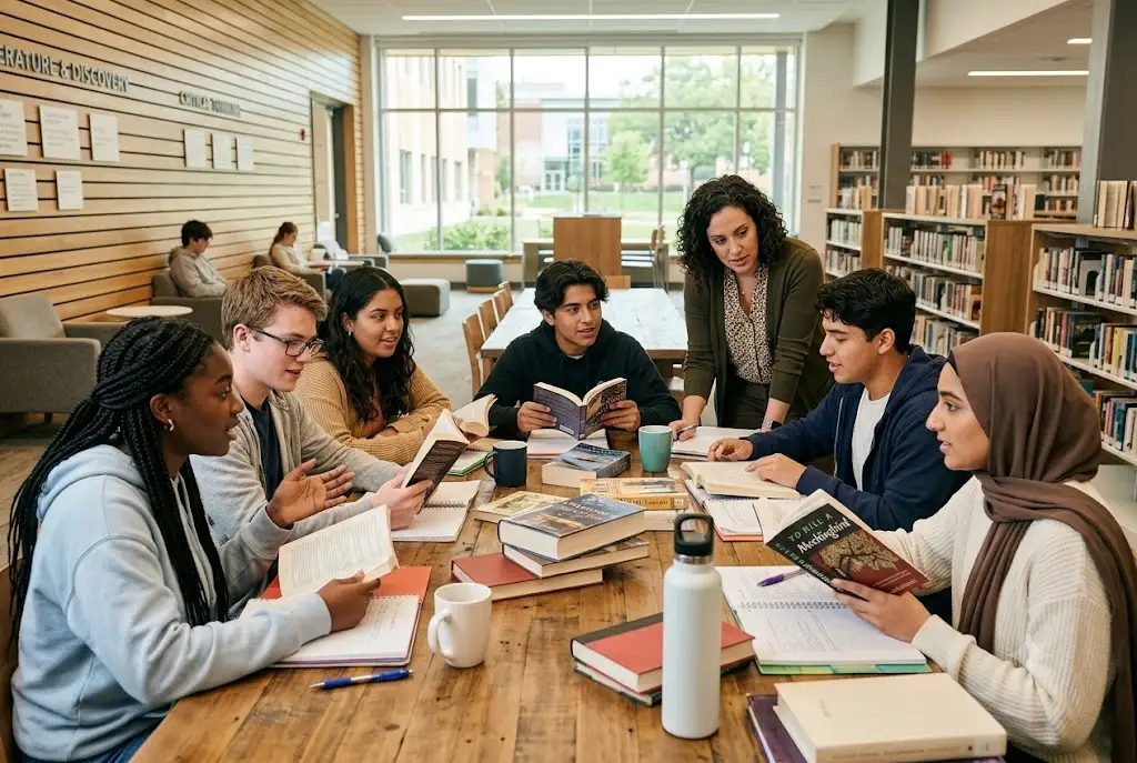 Students learning language arts through literature during a literacy-focused classroom lesson