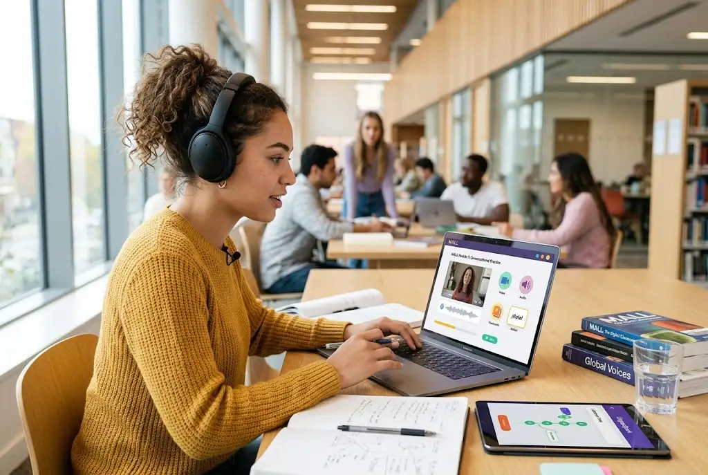 Student using multimedia-assisted language learning tools including video lessons, audio content, and interactive educational technology