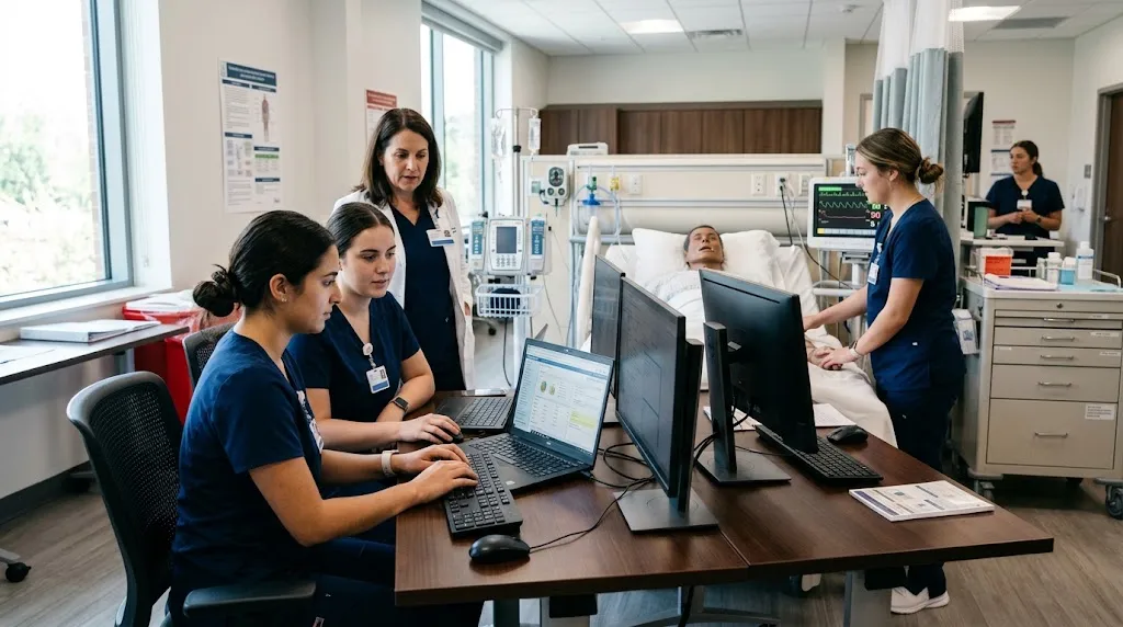 Nursing students practicing simulated EHR documentation during healthcare training