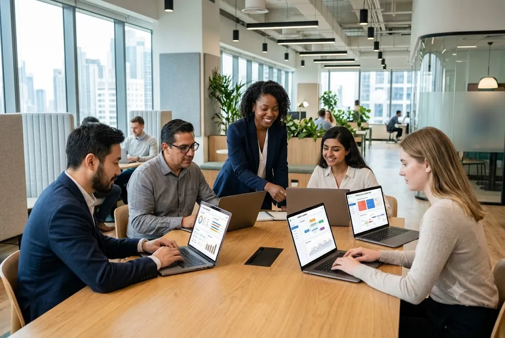Professionals using AI in career development to build workplace skills and career plans