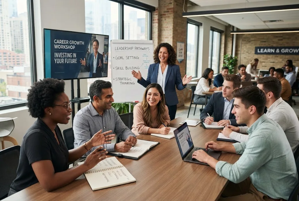Career development training program with employees learning professional skills
