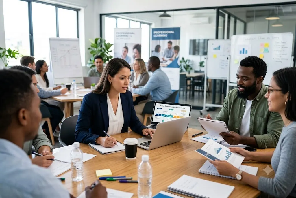 Professional participating in career learning and development training at work