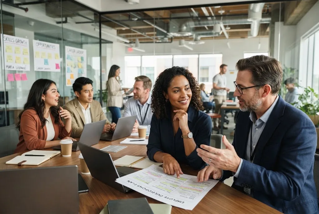 Employee development definition showing workplace mentoring and professional skill growth